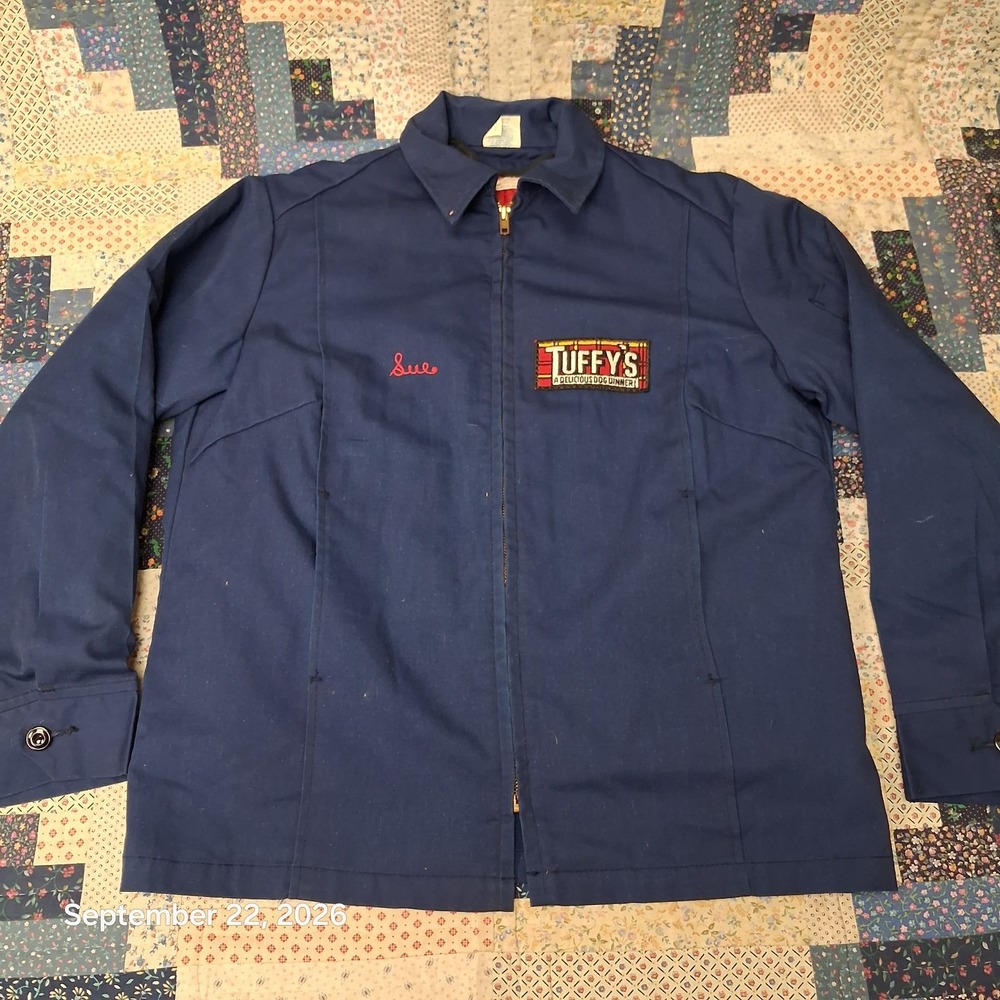 80s Vintage Unitog Work Jacket Mens L Tuffys Dog Food Patch Red Quilted Liner